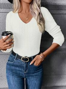 SHEIN LUNE Pull ajusté décontracté simple de couleur unie à encolure en V, pour un port quotidien
