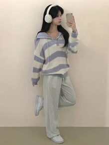 DAZY Áo len chui đầu có mũ trùm đầu họa tiết sọc màu tương phản rộng rãi cho nữ mùa thu - Màu xanh lam - Xem 7