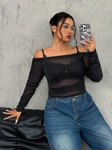 SHEIN EZwear Damen Große Größen Silber-Faden transparente Bluse, minimalistische Mode Lässig Alltagskleidung - Schwarz - Übersicht 4