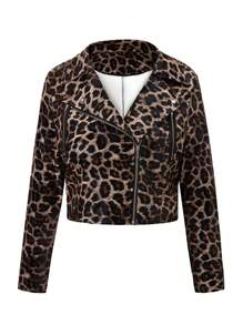 SHEIN LUNE Women Fashion Versatile Leopard Print Zip-Up Cropped PU Jacket