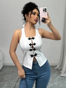 Chiquease Áo ba lỗ hở lưng không tay thường ngày có khóa cài cho nữ - Đen và trắng - Xem 6