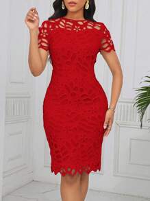 SHEIN Lady 夏季婚礼宾客礼服女式白色牛奶丝紧身礼服婚礼招待会礼服 - 紅色 - 查看 5