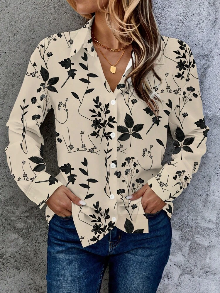 Camicia casual a fiori con maniche lunghe e abbottonatura singola, adatta per l'autunno e le vacanze di Capodanno per le donne