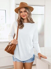 SHEIN LUNE Damen einfarbiges Rippenstruktur Carmen-Ausschnitt T-Shirt mit Rundhalsausschnitt und Bogenausschnitt, Langarm