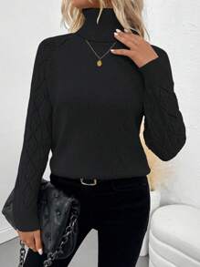 SHEIN Clasi Autumn/Winter New Black Turtleneck Crochet Jacquard Drop Shoulder Elegant Casual Pullover Sweater Knit Pullover Fall - Black - View 1