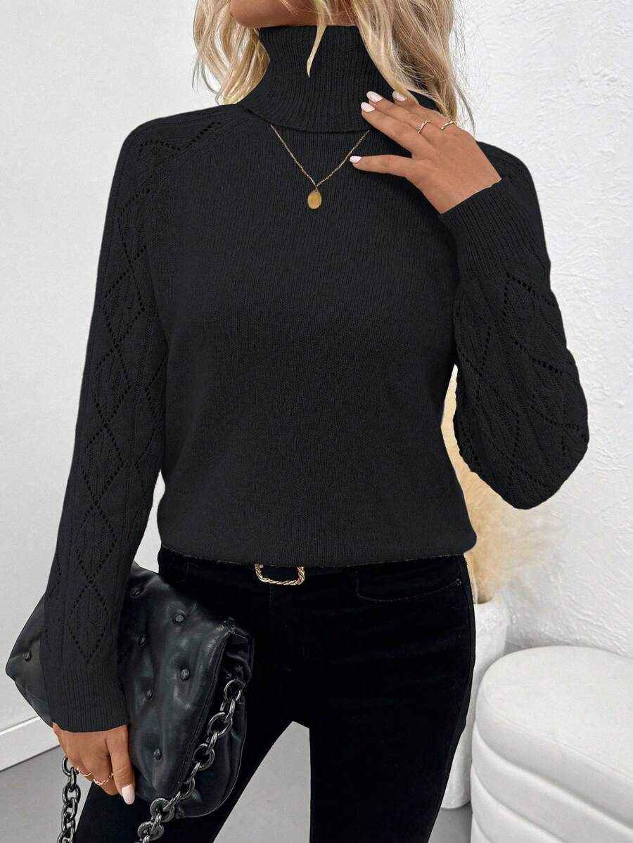 SHEIN Clasi Autumn/Winter New Black Turtleneck Crochet Jacquard Drop Shoulder Elegant Casual Pullover Sweater Knit Pullover Fall - Black - View 1