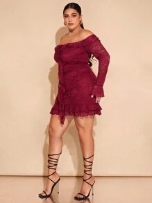 SHEIN BAE Plus Size Ladies Elegant Sexy Ruffle Lace Long Sleeve Dress Suitable For Dating, Party, Going Out, Christmas Party Outfit - Burgundy - View 6