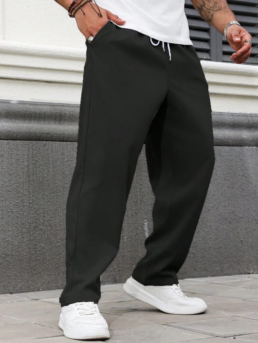 Manfinity Homme Plus Size Men's Drawstring Waist Pockets Straight Leg Loose Casual Pants, Fall - Black - View 1