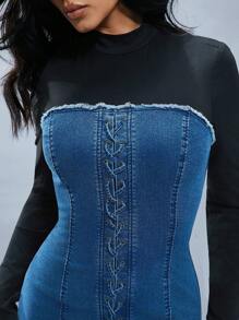 Denimoi Brushed Jersey Long Sleeve Lace Up Raw Edge Jean Dress - Multicolor - View 3