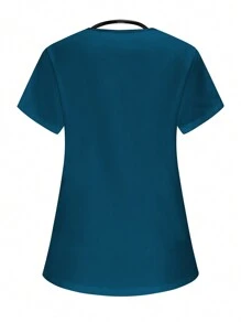 PopScrub Women Short Sleeve Twin Pockets Nurse Scrub Uniform Blouse - Dusty Blue - View 2