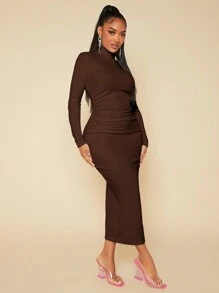 SHEIN SXY High Neck Solid Bodycon Ruched White Dress - Brown - View 4