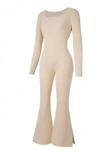 SHEIN Tween Girl 罗纹针织长袖连体裤，杏色，时尚街头风格休闲装，也适合运动和瑜伽 - 杏色 - 查看 8