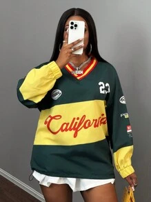Slaydiva New Casual Street Sports V-Neck Off-Shoulder Long-Sleeved Loose Dark Green Contrasting Yellow English Slogan Logo Printed Women's Sweatshirt-A Graduation,Back To School Outfits,Graduation,Teacher Outfits For Women,Back To School