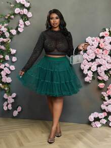 Slaydiva 大码简约薄纱泡泡袖裙，日常休闲装 - 墨綠色 - 查看 4