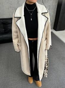 SHEIN EZwear Veste grande taille automne-hiver épaisse et chaude, en suède imitation lapin fourrure, avec col châle oversize et broderie de contraste