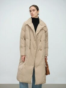 SHEIN Clasi Abrigo acolchado con cierre doble botonadura de unicolor informal de invierno - Caqui - Ver 7