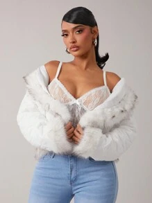 SHEIN SXY Pure White Fur Collar Thickened Bread Jacket
