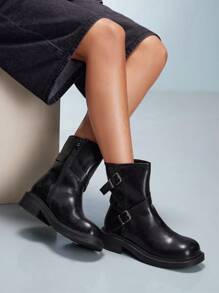 CUCCOO GRLICON 女式中筒靴，Y2K 风格，朋克摇滚，机车风，酷女孩装，适合万圣节、圣诞节和派对 - 黑色 - 查看 11