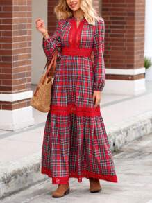 SHEIN VCAY Women Vintage Plaid Lantern Sleeve Patchwork A-Line Extra Long Casual Vacation Dress, Autumn/Winter