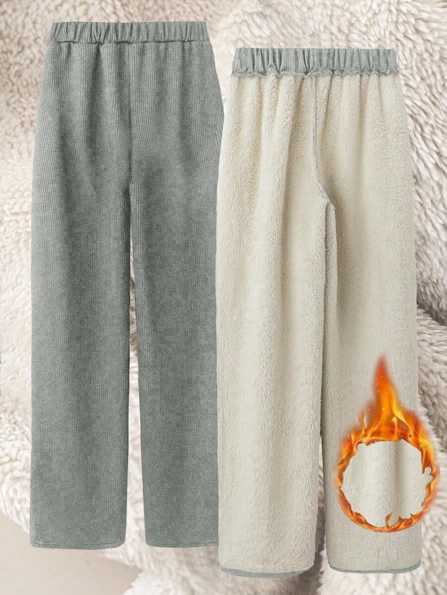 Chiquease 加厚保暖直筒裤，松紧腰，保暖，适合秋冬季 - 灰色 - 查看 1