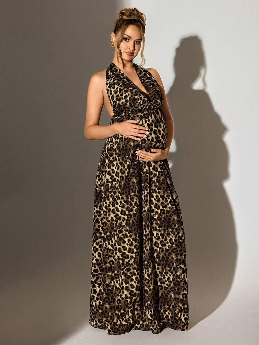 SHEIN 孕妇豹纹印花低胸露背系带拍照连衣裙 - 彩色 - 查看 1