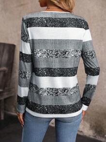 SHEIN LUNE 休闲拼色条纹长袖 T 恤，随机印花，秋季图案 T 恤女式春季上衣 - 彩色 - 查看 2