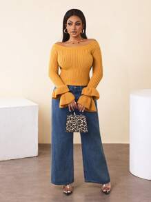 Zolique Blusa feminina de tricô de manga comprida e modelagem flare na cor damasco, estilo sexy e ajustado para ocasiões casuais, ideal para outono/inverno. - Damasco - Ver 4