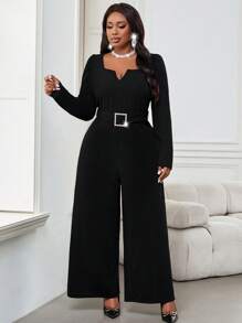 SHEIN Lady Autumn And Winter Elegant Commuting Office Black Knitted Notched Leg-Of-Mutton Sleeve Belted Long Long Sleeve Plus Size Jumpsuits Women Thanksgiving Outfit Women Winter Clothes Women Thanksgiving Winter Clothes New Years Outfit Holiday Outfits Winter Outfit Holiday Clothes Classy Outfits - Black - View 4