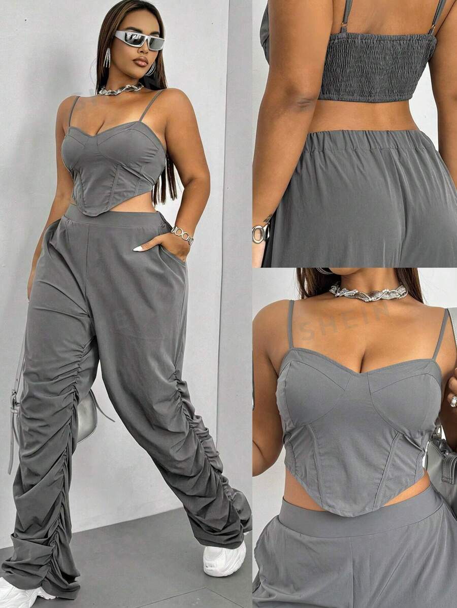 Maweii Conjunto informal de 2 piezas de talla grande con top de tirantes finos de unicolor y pantalones largos