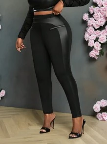 Slaydiva Plus Size Women Casual Sexy PU Splice Solid Black Leggings With Zipper Decor
