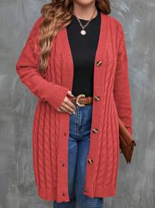 Franclia Plus Size Women's Solid Color Drop Shoulder Long Sleeve Single-Breasted Casual Loose Cardigan, Autumn/Winter