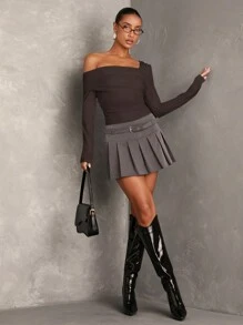 SHEIN BAE Women's Casual Versatile White Solid Asymmetric Neck Ruched Long Sleeve Bodysuit - Coffee Brown - View 5