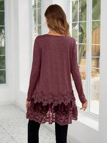 EMERY ROSE 1pc Women's Solid Color Round Neck Lace Patchwork Casual Versatile Long Sleeve T-Shirt
