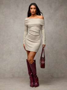 SHEIN BAE 女士杏色纯色保暖舒适羊绒针织褶皱紧身长袖连衣裙，适合秋冬季，非常适合分层搭配、休闲户外、办公室穿着、感恩节、新年前夜、圣诞派对