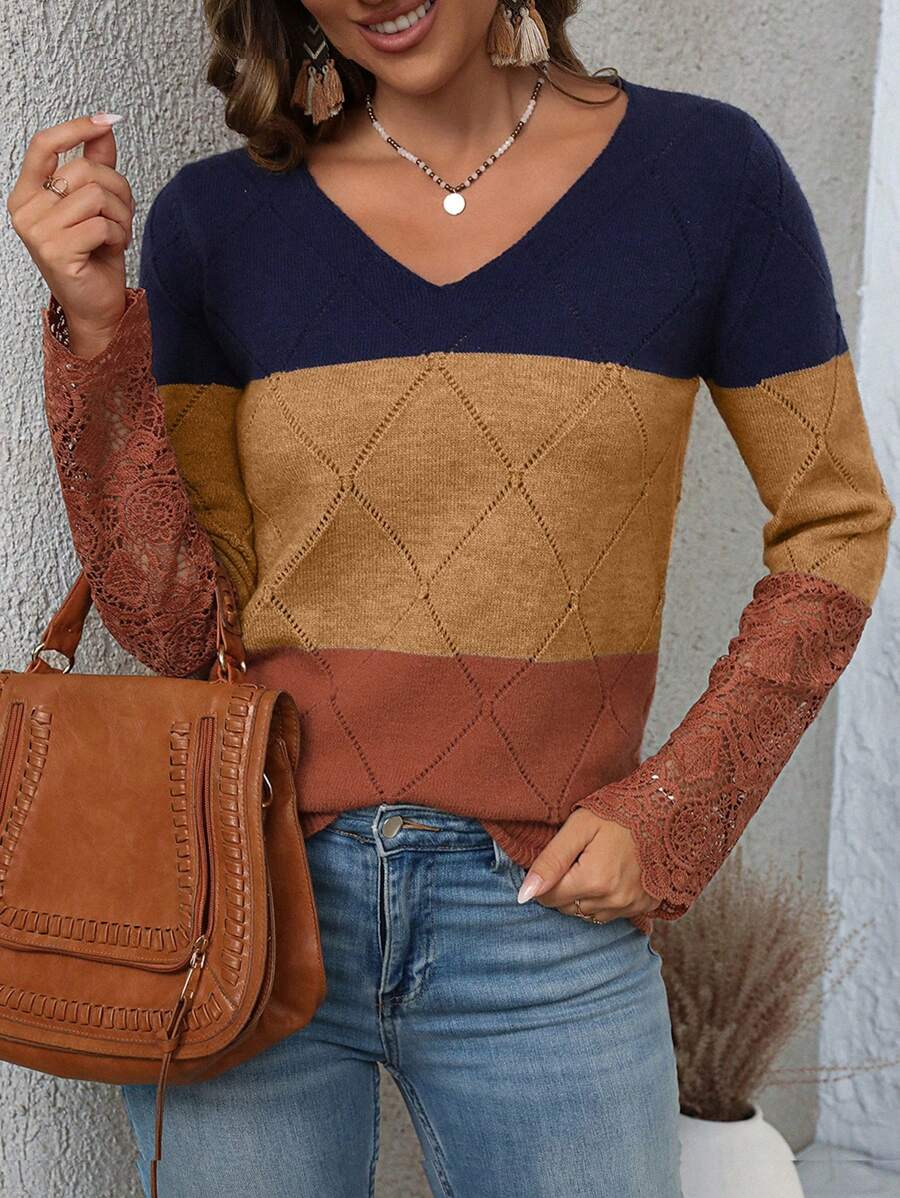 EMERY ROSE Women's Casual Color-Blocking Flounced Sleeves Pullover Sweater, Autumn - Multicolor - View 1