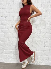 SHEIN EZwear Vestido Bodycon de Tricô Borgonha para Mulheres - Vinho - Visão 4