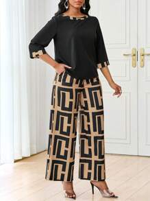 SHEIN Lady 2pcs Women's Autumn Geometric Print Round Neck 3/4 Sleeve Top And Wide Leg Pants Casual Suit Set - Camel - View 5