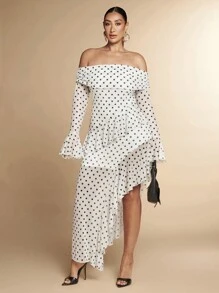 SHEIN BAE 大码秋季优雅性感甜美女士黑白波尔卡圆点网眼印花单肩不对称荷叶边下摆高开叉长裙 - 白色 - 查看 3