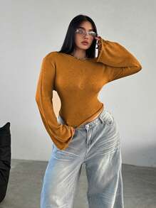 Flirla Suéter de manga acampanada de unicolor talla grande, versátil y sexy