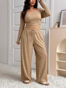 SHEIN EZwear Bộ 2 món áo dệt kim họa tiết cỡ lớn và quần rút dây - Cà phê nâu - Xem 1