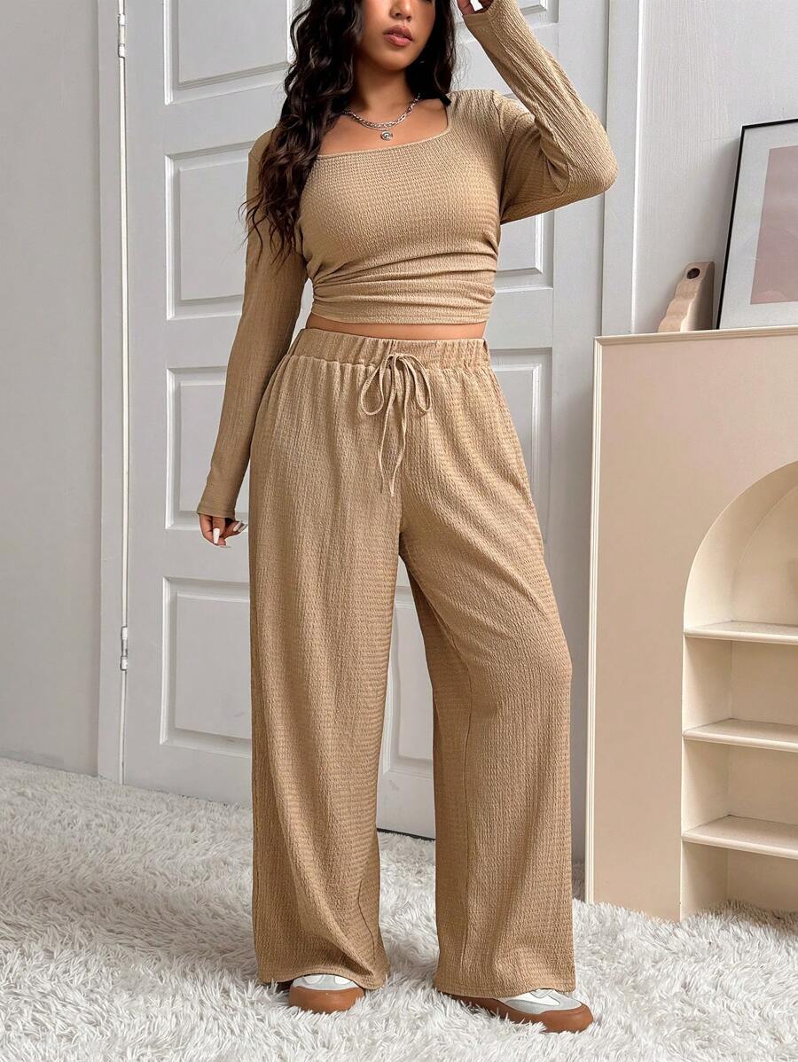 SHEIN EZwear Bộ 2 món áo dệt kim họa tiết cỡ lớn và quần rút dây - Cà phê nâu - Xem 1