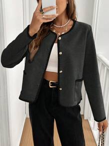 SHEIN Frenchy Contrast Trim Button Front Pocket Long Sleeve Lightweight Jacket - Dark Grey - View 1