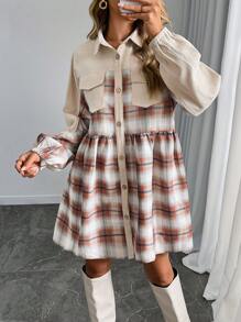 SHEIN LUNE Women's Long Sleeve Collared Pocket Pleated Waist Plaid Ruffle Trim Multi-Color Jacket