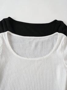 SHEIN BASICS 2pcs/Set Casual Solid Color Knitted Crew Neck Long Sleeve Fitted Women T-Shirts
