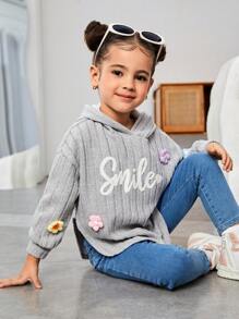 SHEIN Jong meisje & Jong meisje 3D bloemen gebreide samengestelde fleece capuchontrui met gebogen zoom, geschikt voor casual dagelijks gebruik