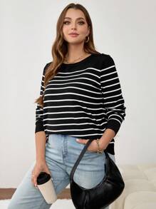 CosyJoli Plus Size Women Striped Round Neck Long Sleeve Casual T-Shirt, Autumn, For Winter Fall,Slightly Sheer