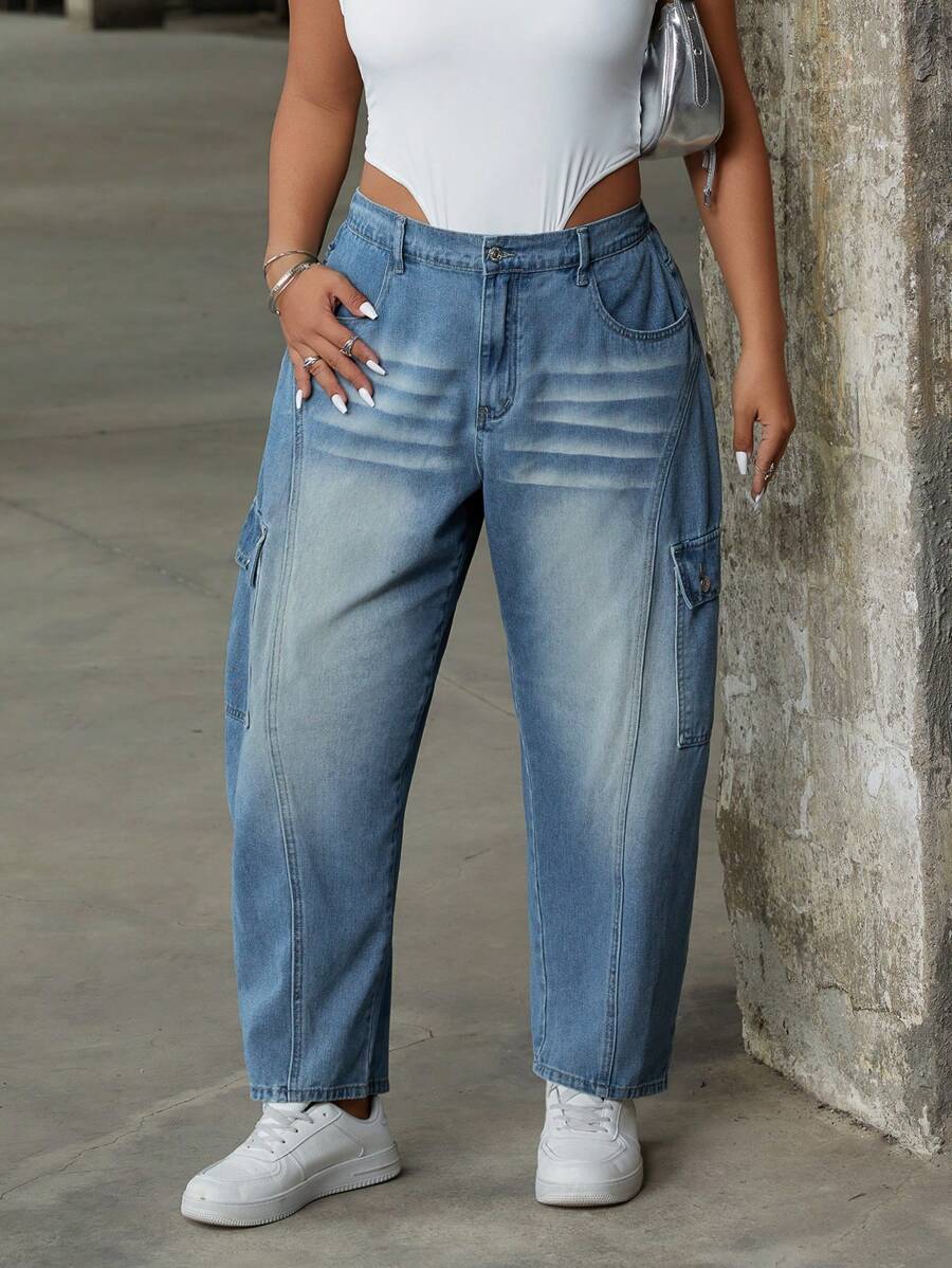 SHEIN ICON Distressed Multi Pocket Waisted Barrel Jeans - Medium Wash - View 1