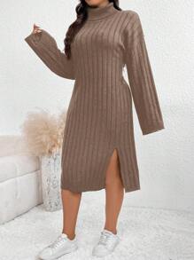 SHEIN Frenchy Plus Size Solid Color Turtleneck Ribbed Split Hem Elegant Long Sleeve Knit Sweater Dress, For Winter