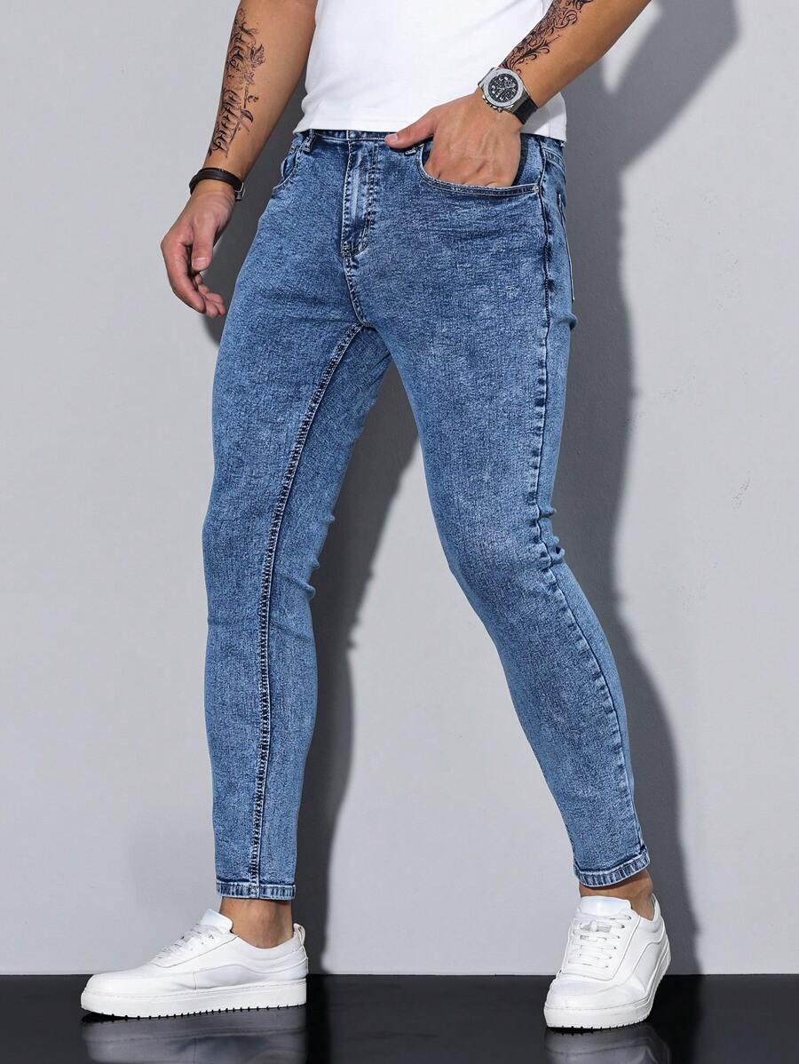 Manfinity Homme Men's Casual Washed Slim Fit 7/8 Length Denim Jeans - Medium Wash - View 1