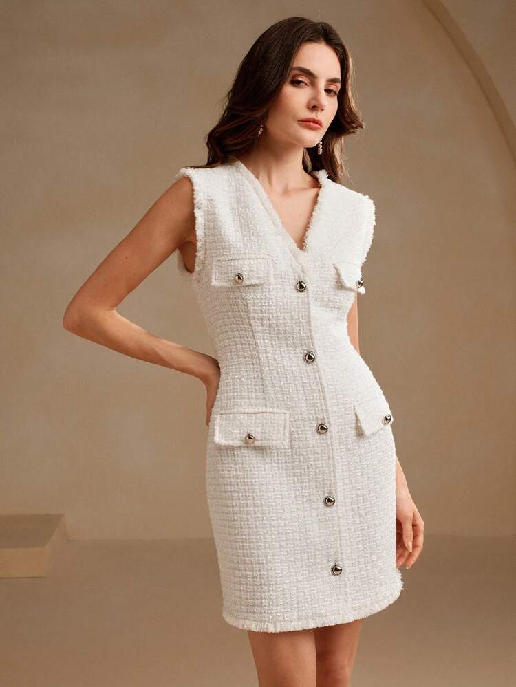 Elegant & Chic Black Tweed Sheath Dress With Decorative Button For Commuting
